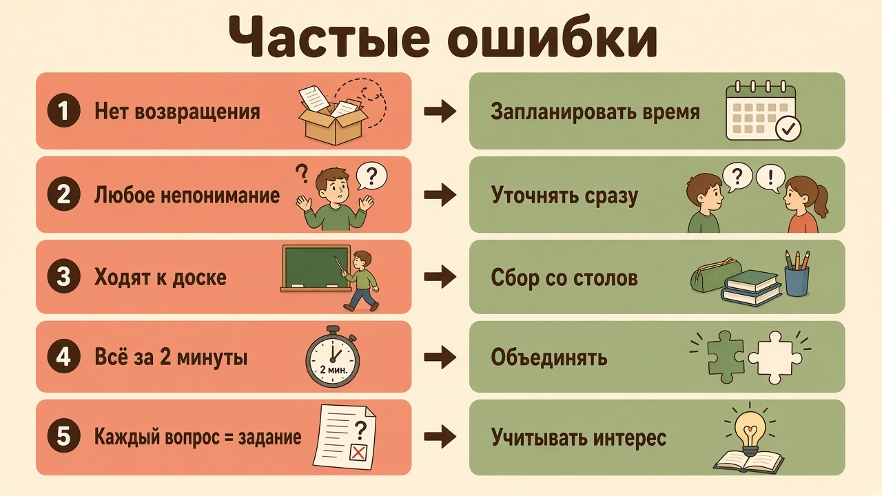 Пять ошибок парковки и что сделать вместо них: запланировать время, уточнять сразу, собирать со столов, объединять вопросы и учитывать интерес
