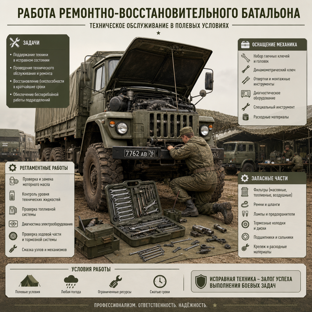 Военный механик в полевых условиях проводит техническое обслуживание военного грузового автомобиля. Рядом — инструменты и запасные части. Контекст — работа ремонтно-восстановительного батальона в тыловой зоне.