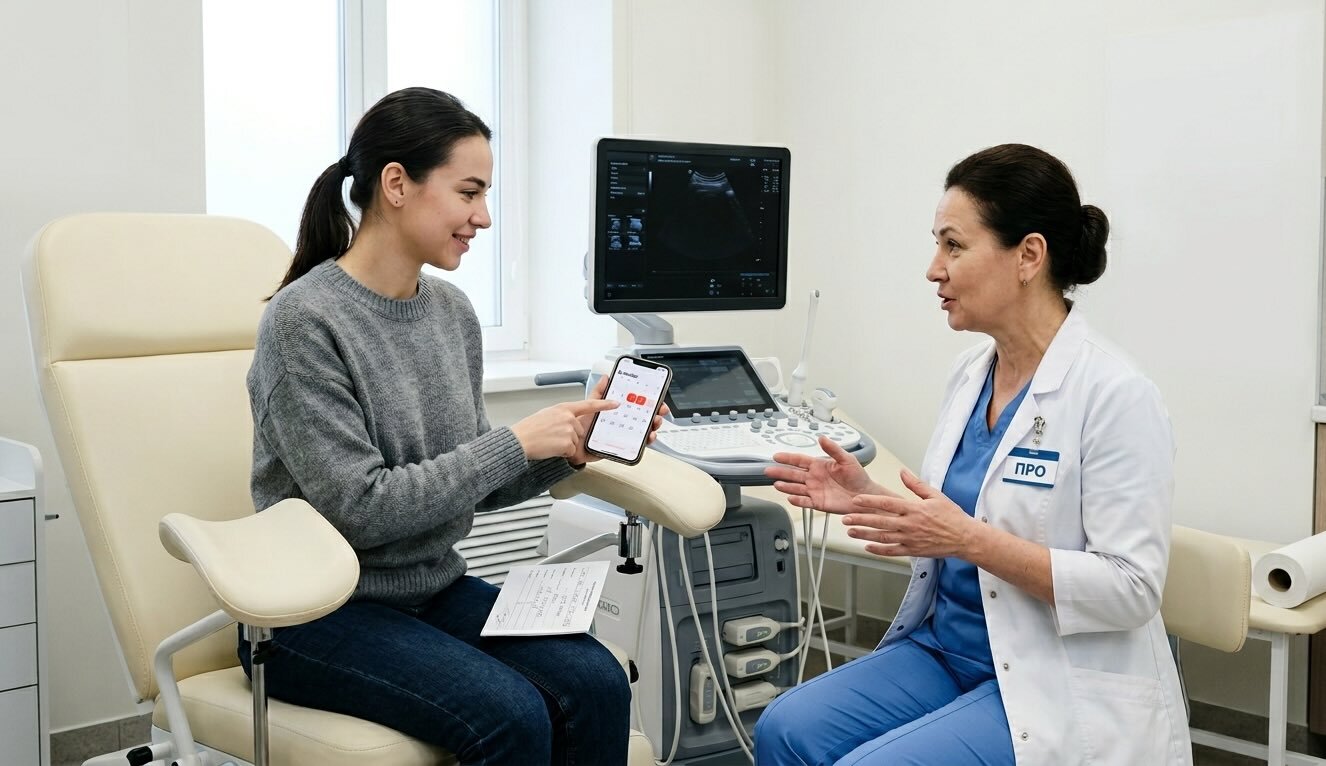 Пациентка показывает врачу-гинекологу календарь менструального цикла на телефоне в кабинете УЗИ клиники «Про Здоровье»