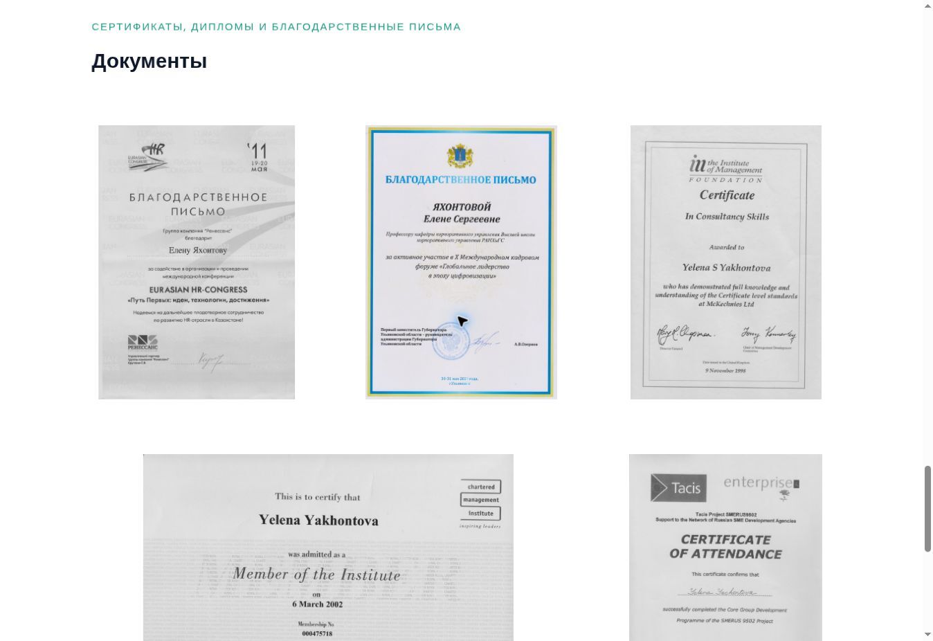 Документы и профессиональные достижения Елены Яхонтовой на сайте