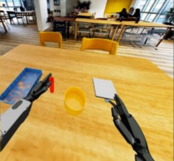 First-person teleoperation view with robot hands in a reconstructed room