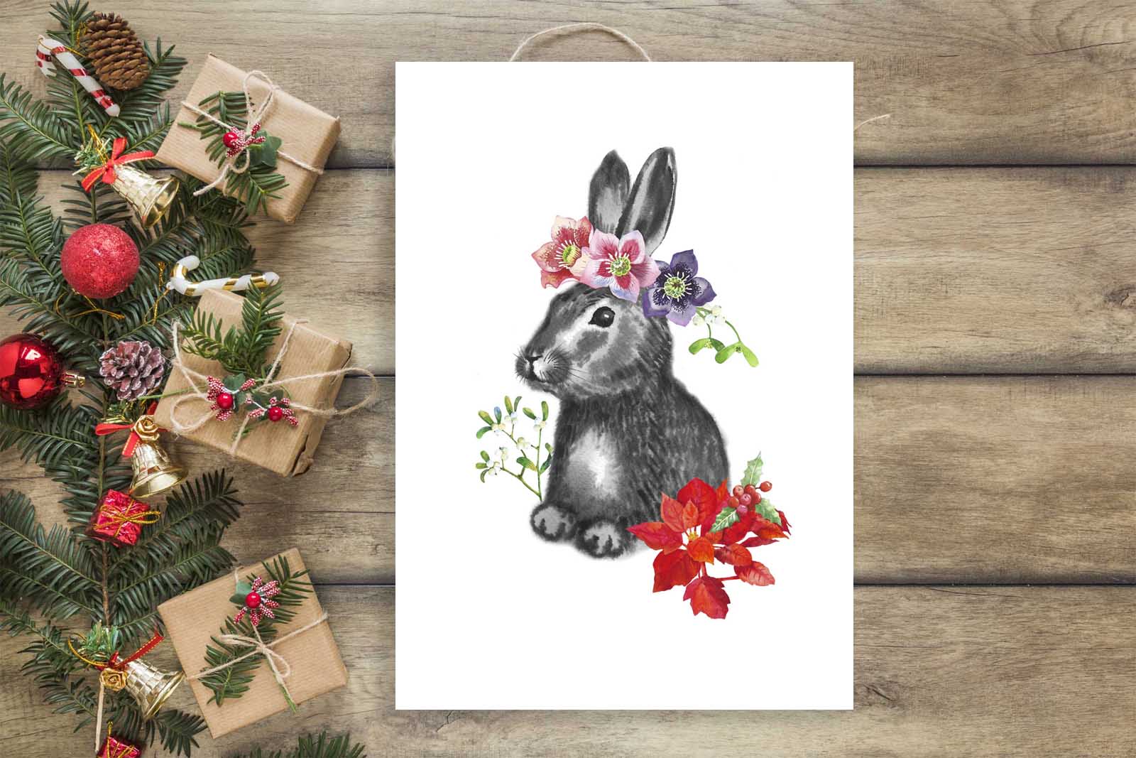 Авторский постер Черный кролик с цветами, акварель, А4