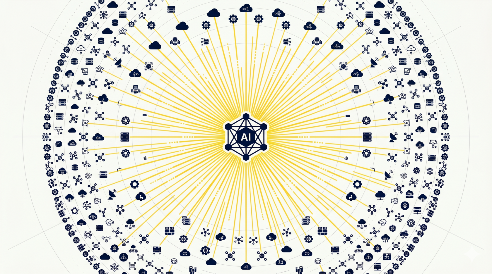 A flat editorial illustration of an autonomous system monitoring 100+ ad networks simultaneously for gaming player acquisition.