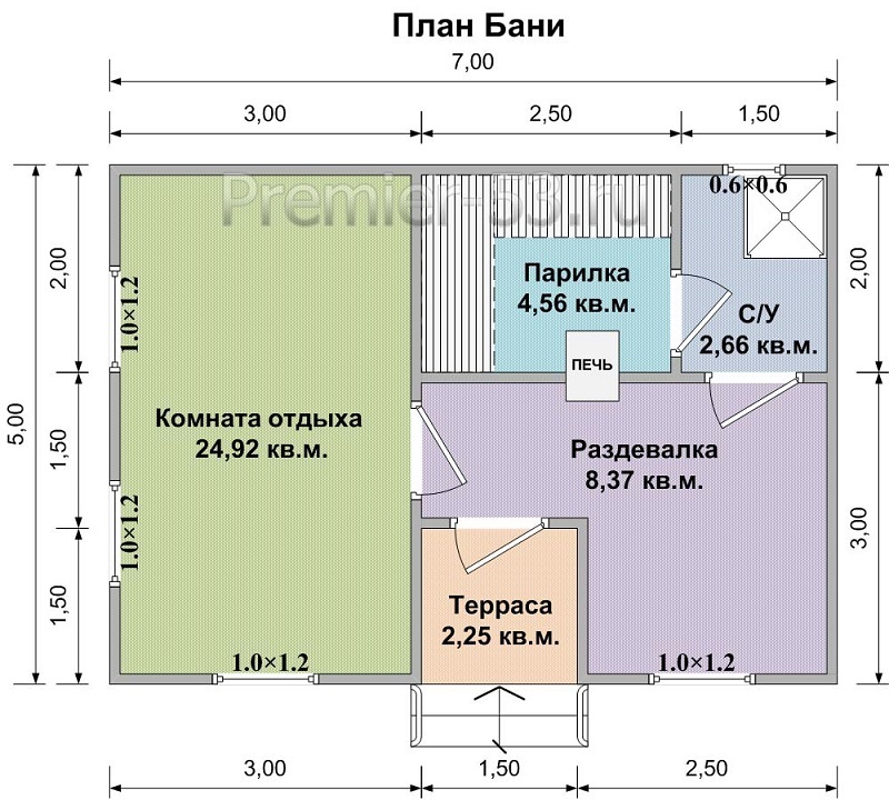 Проект бани 5х7 с комнатой отдыха