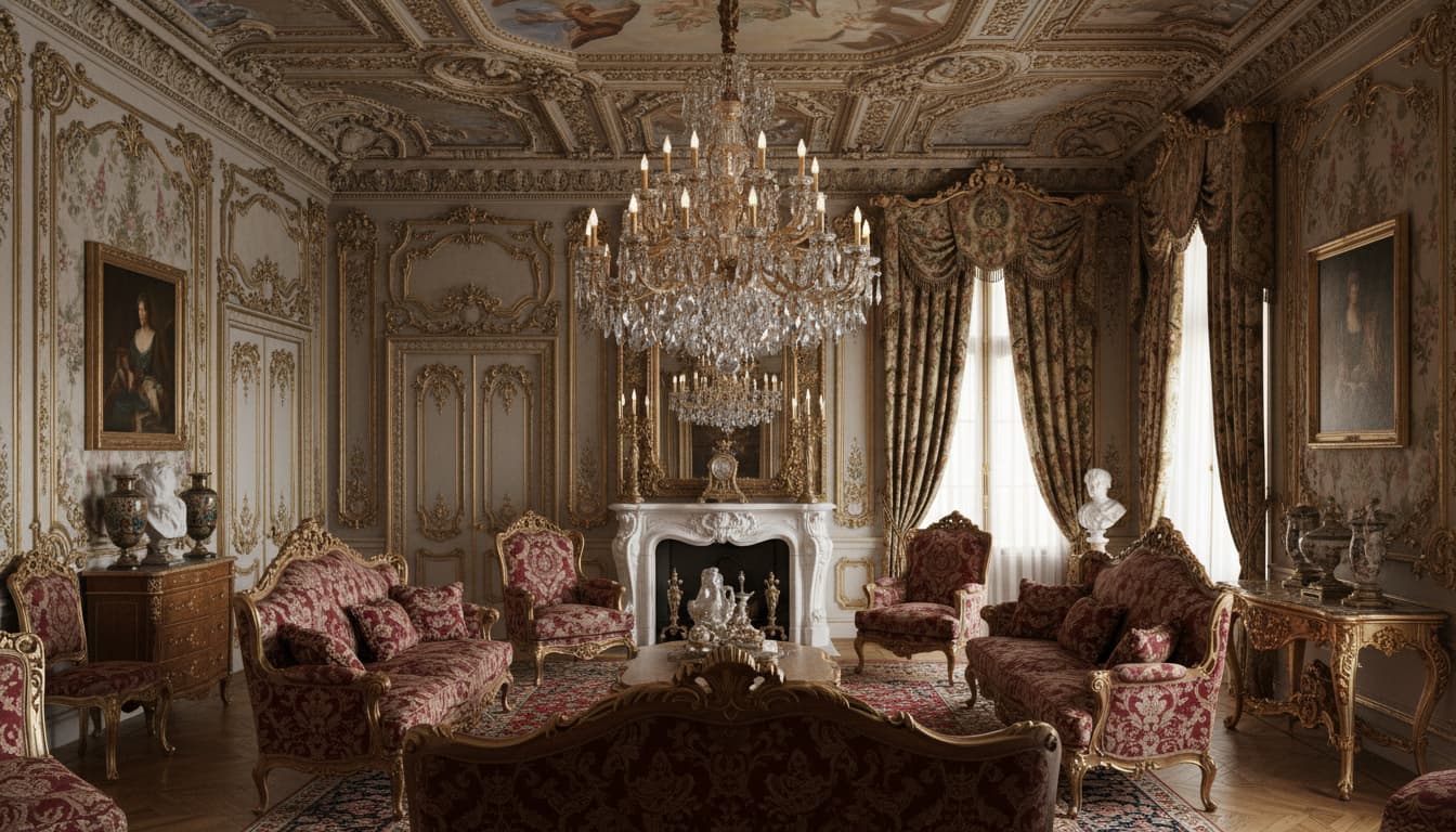 Роскошная гостиная в стиле Барокко с позолоченной резной мебелью и хрустальной люстрой
