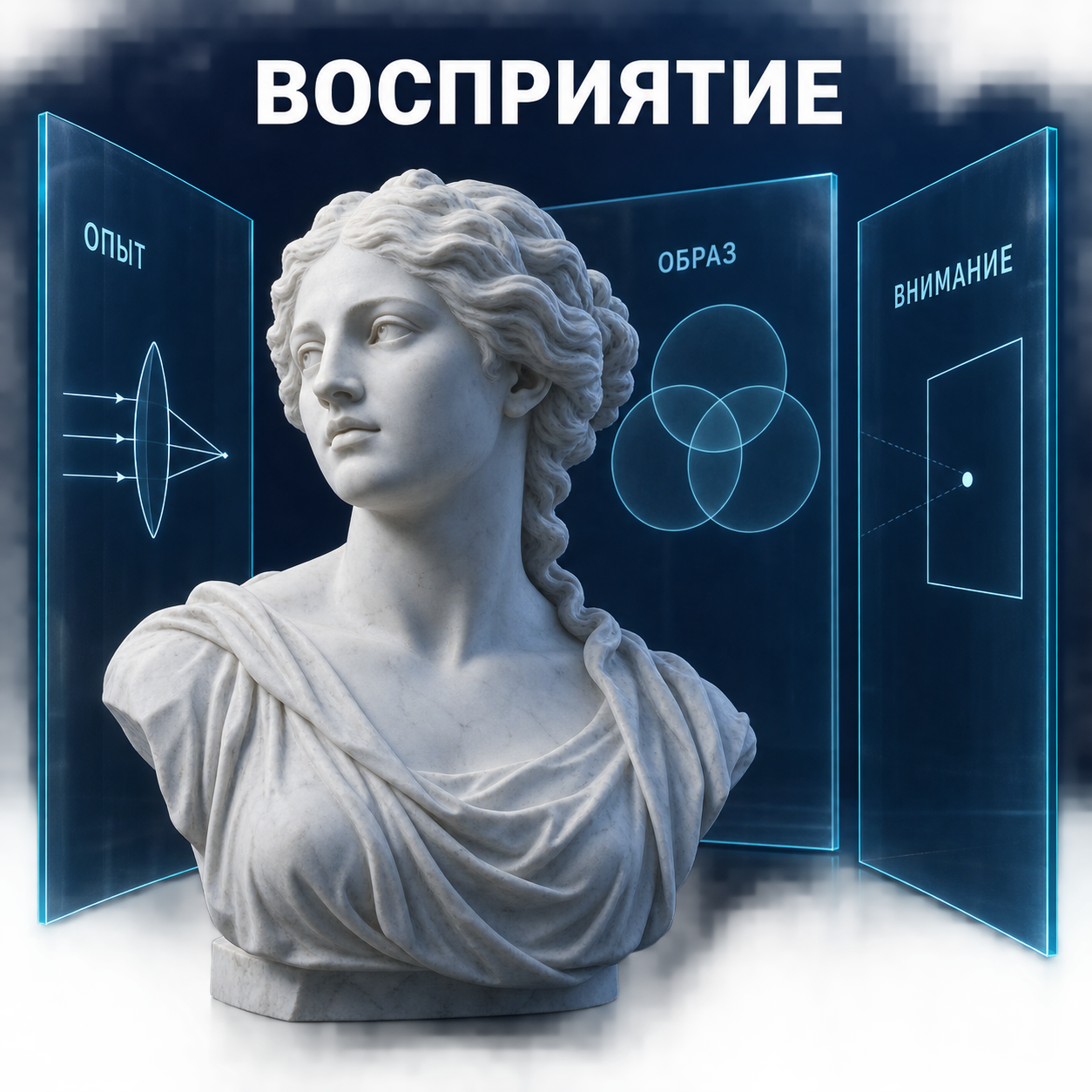 Восприятие: скульптурный бюст и схемы на прозрачном стекле
