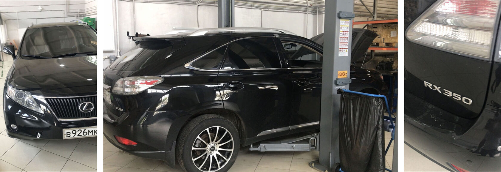 Чёрный Lexus RX350 2010 года полного привода на подъёмнике сервиса ТРПЛАНТ