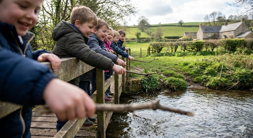 Дети играют в Пустяки (Poohsticks) на деревянном мосту, бросая палочки в реку.