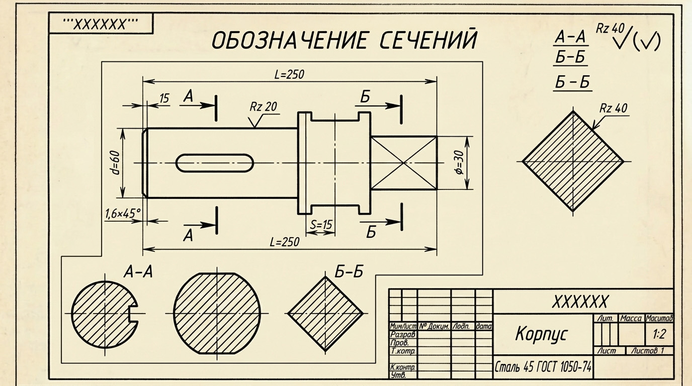 Обозначения сечения на чертеже
