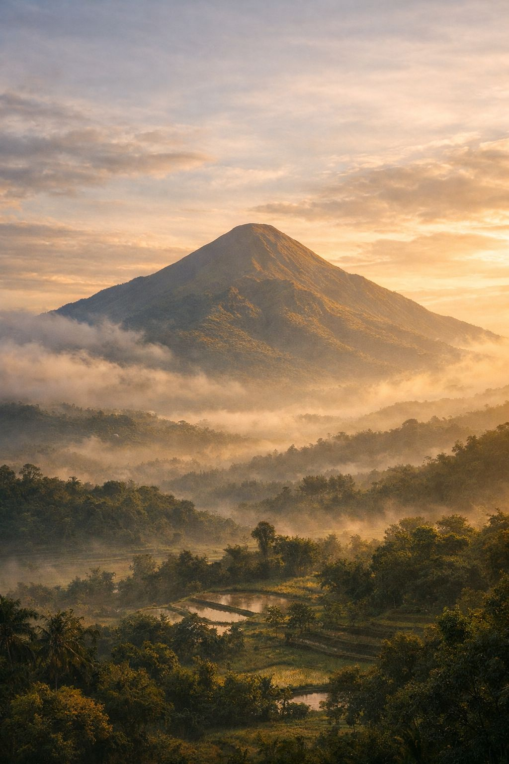 Panorama Gunung Penanggungan dengan kabut pagi dan cahaya hangat di lereng hijau Jawa Timur
