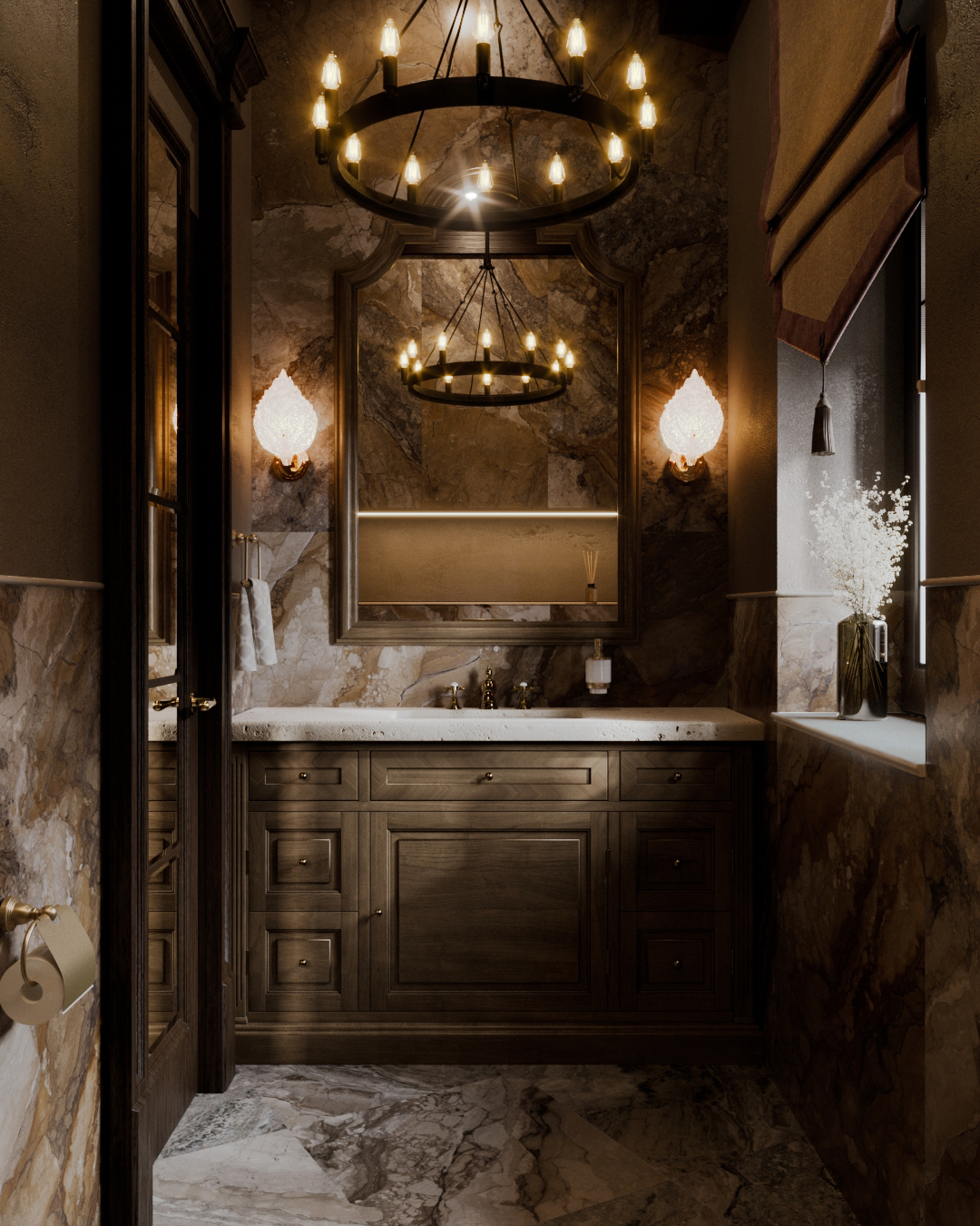 Дизайн интерьера санузла банного комплекса в английском стиле