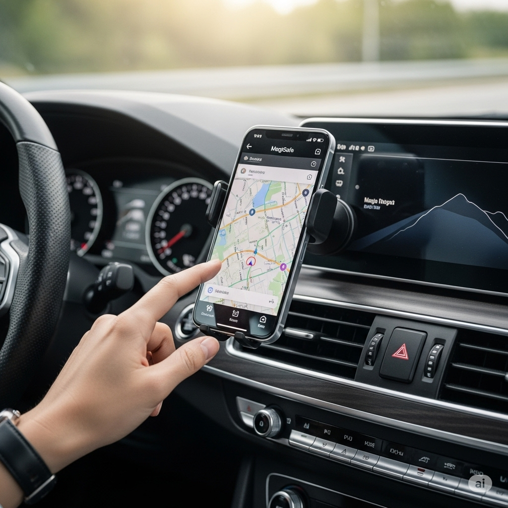 Современный автомобильный держатель для телефона с функцией беспроводной зарядки MagSafe, установленный в салоне авто.