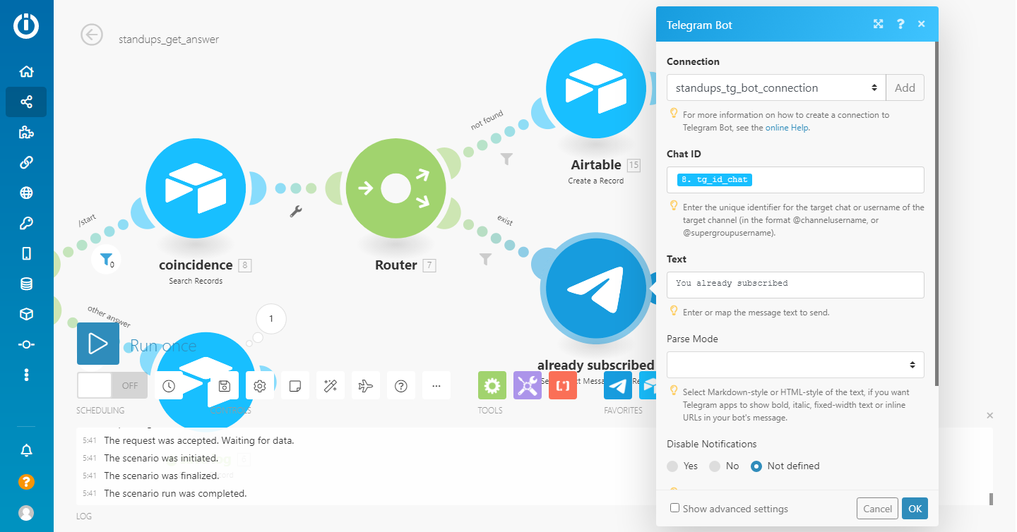integromat module telegram bot send a text message or a reply