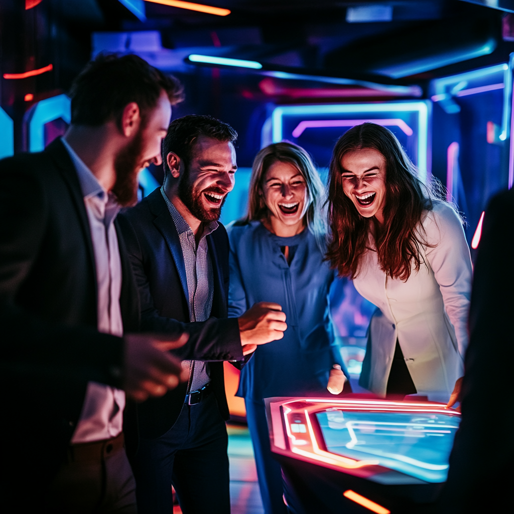 Люди вместе на квест-шоу проходят задания