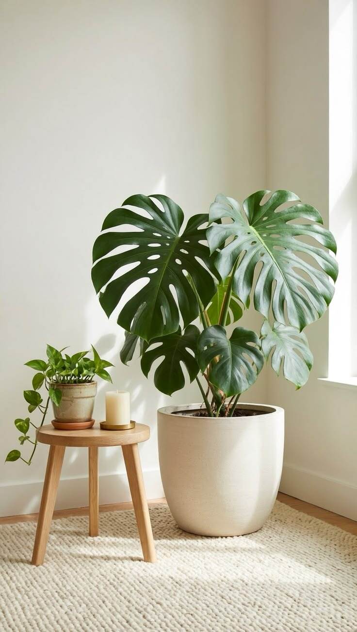 Potted plant on wooden shelf