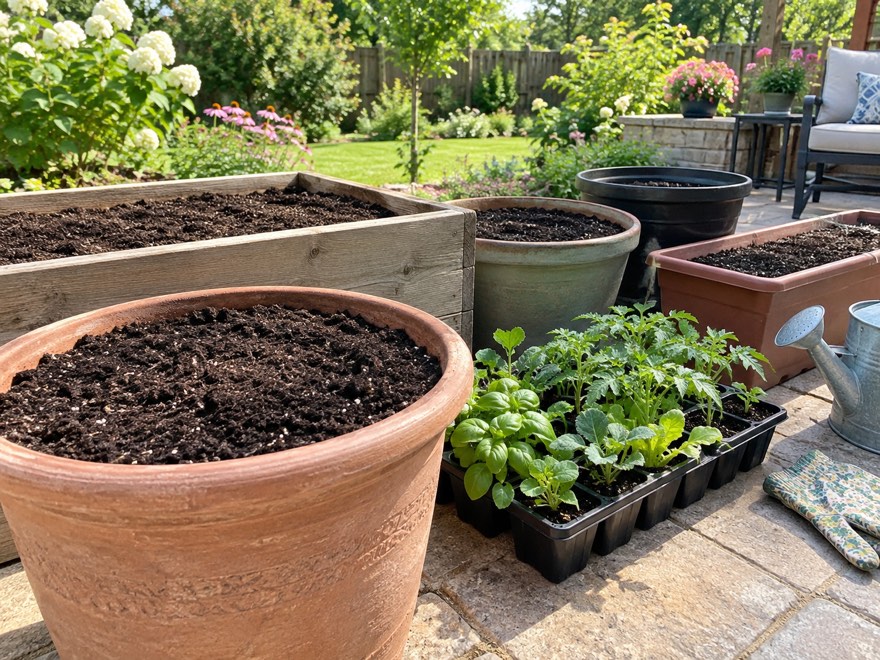Containers refilled with refreshed potting soil ready to plant