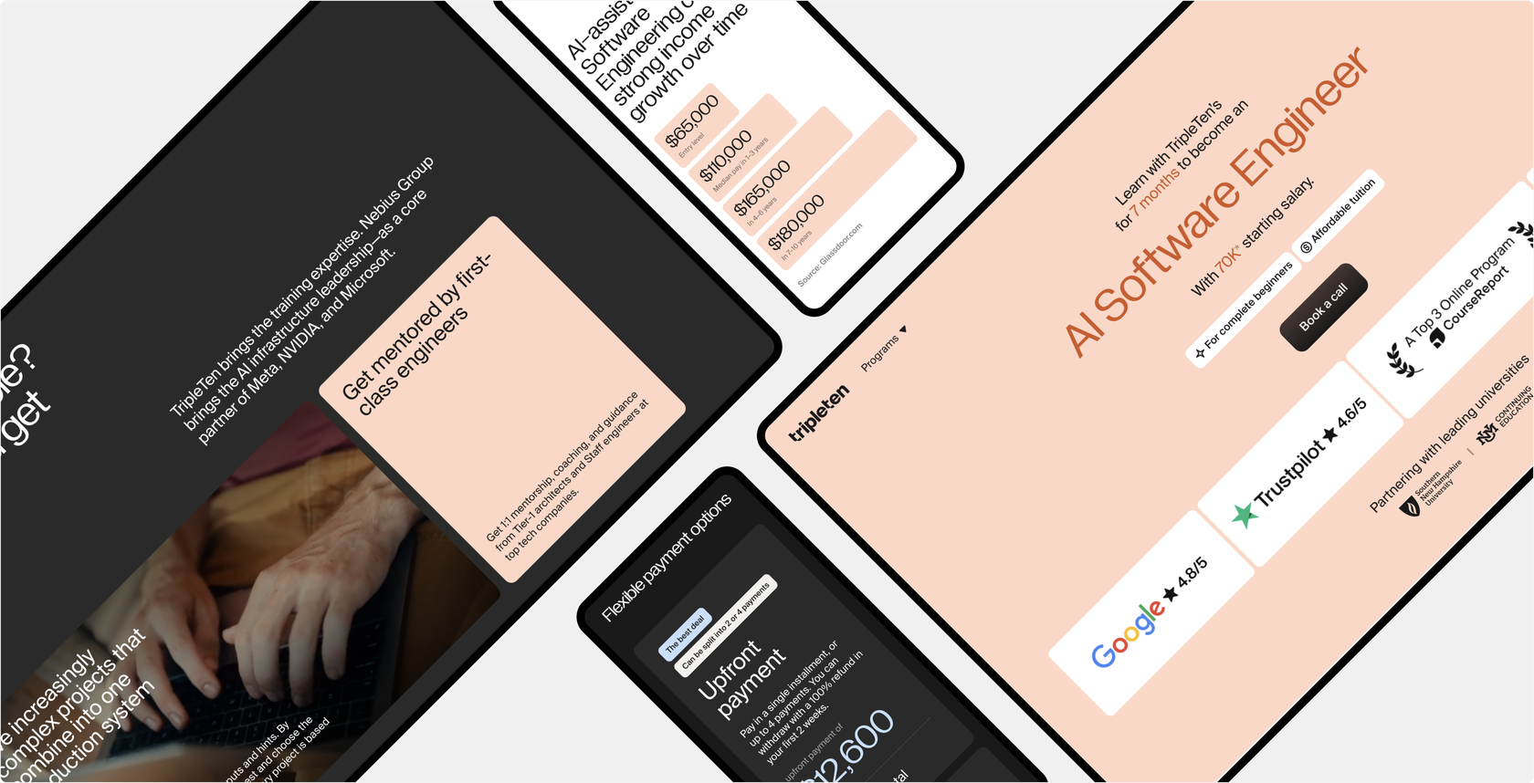 Collage of TripleTen USA program pages, pricing screens, and special-offer layouts