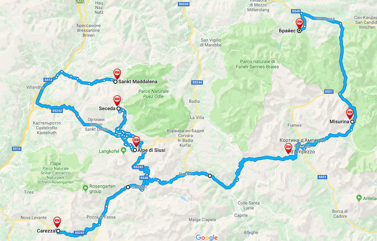 Tour-map and routes in the Dolomites