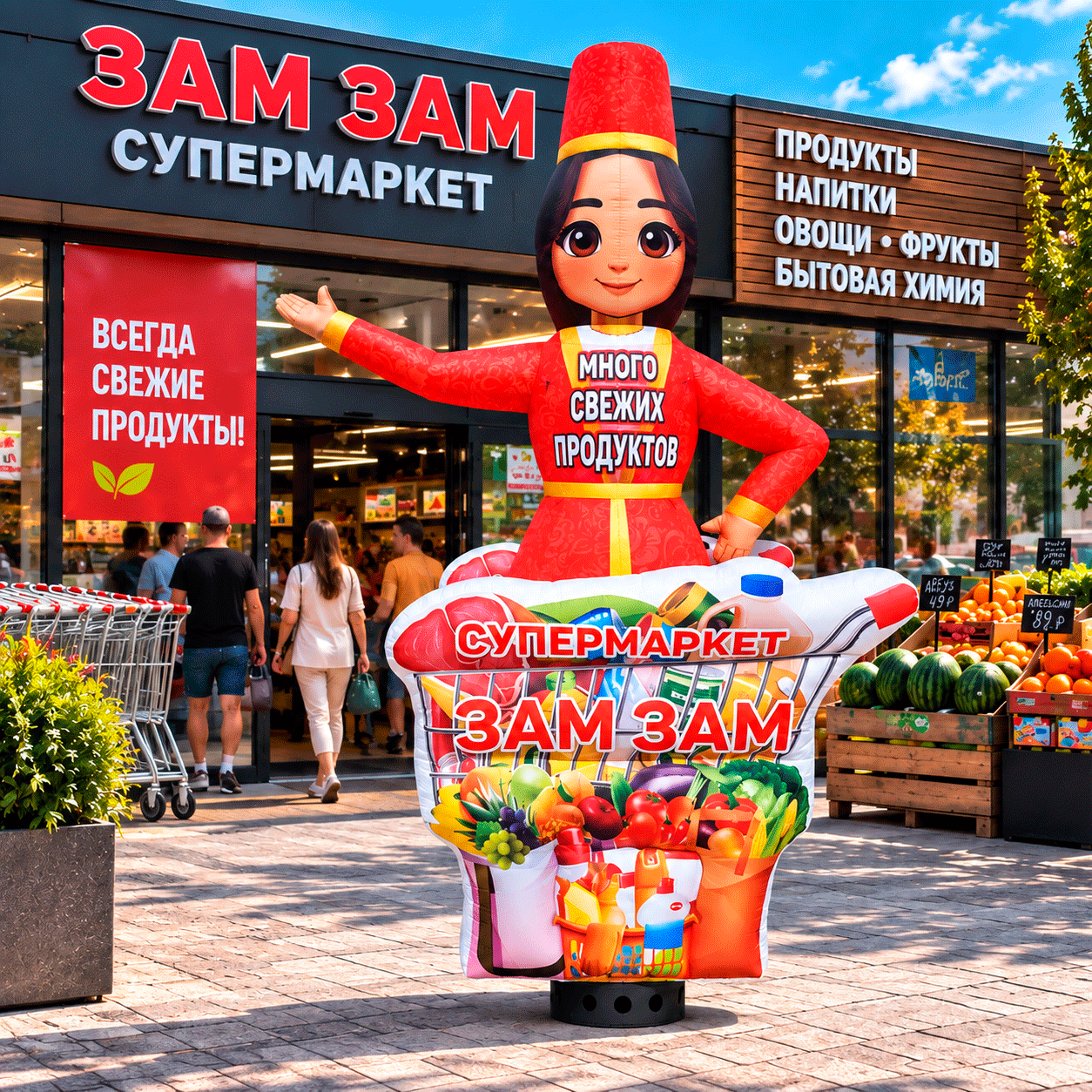 Надувная девушка рукомах продуктового магазина