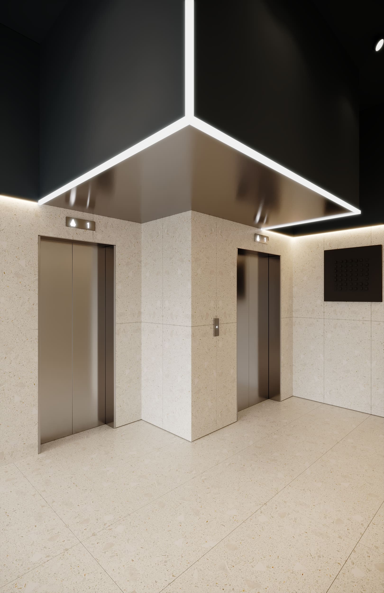 Лифтовой холл в минималистичном стиле с LED-подсветкой, светлой отделкой стен и встроенной навигацией
