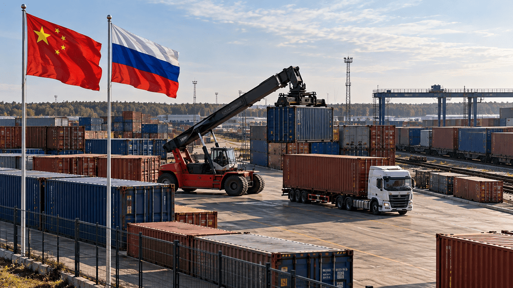 Современный контейнерный терминал в Московской области, ряды морских контейнеров, контейнеровоз и погрузочная техника
