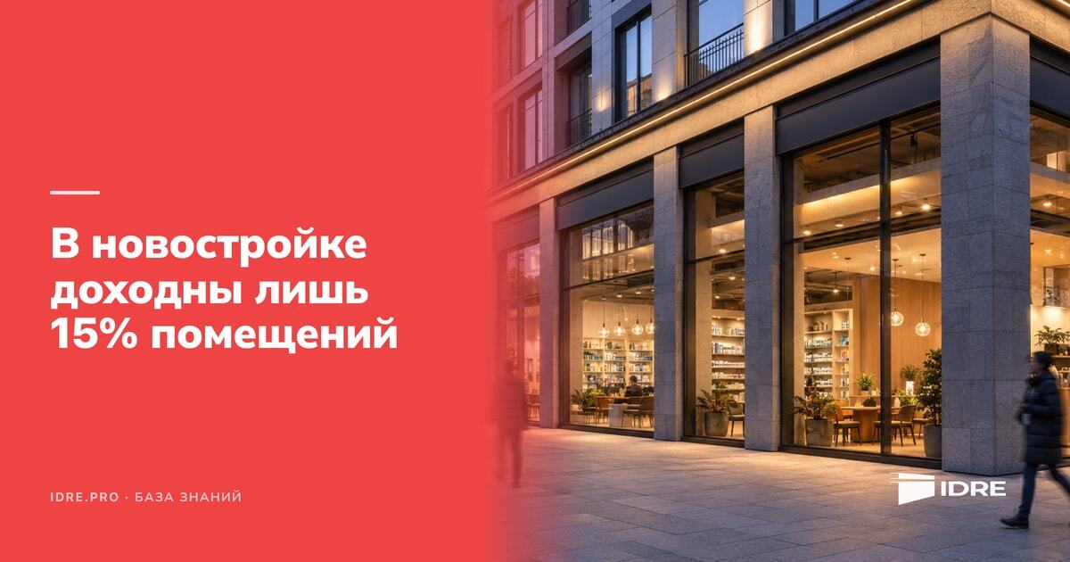 Угловое торговое помещение на первом этаже новостройки вечером: освещённая кофейня и магазин, прохожие
