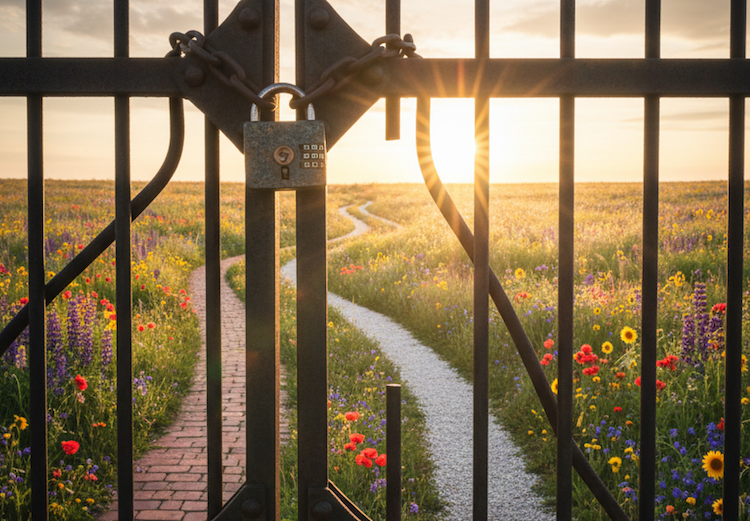 photo of  Locked gate with a field and sunset on the other side