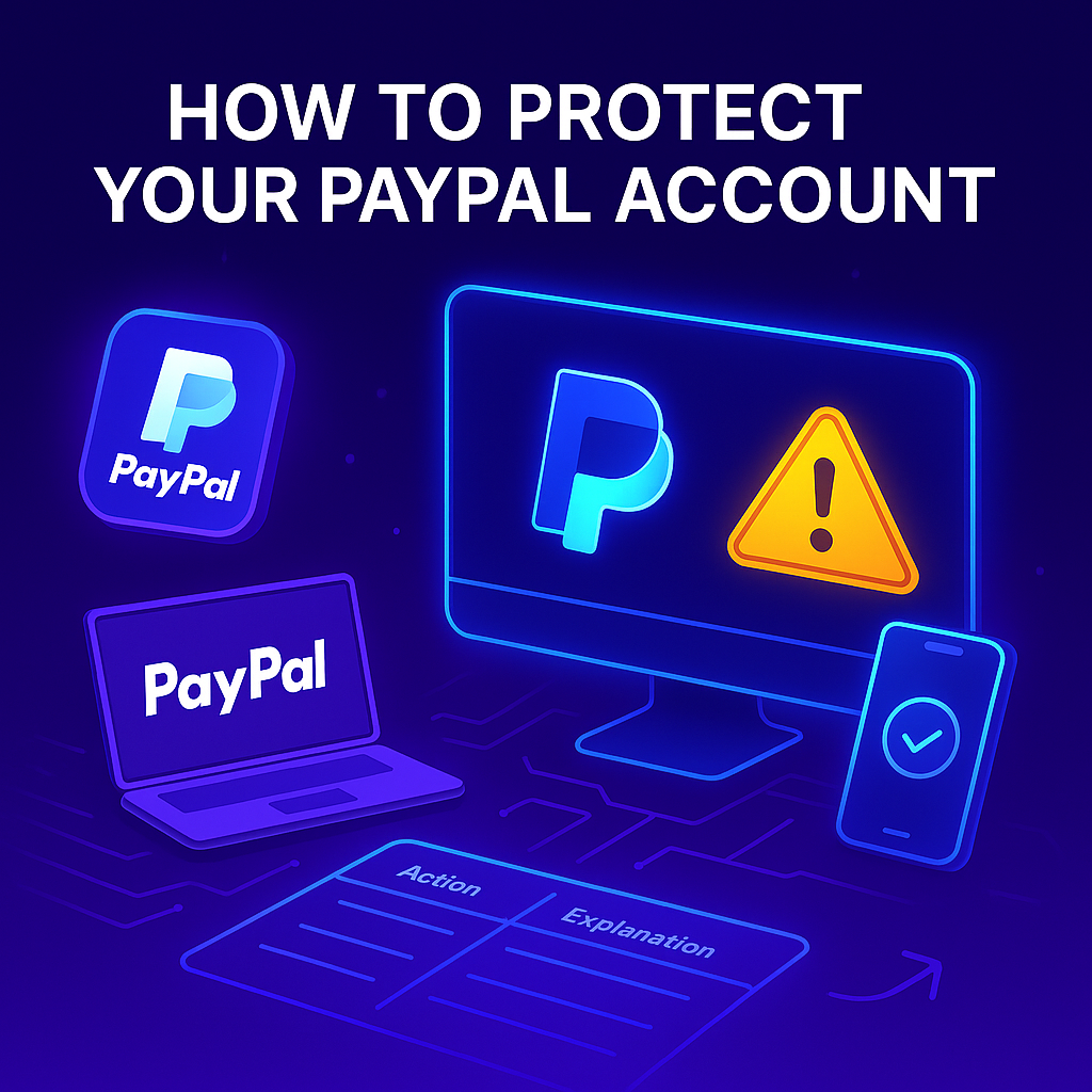 Futuristic digital illustration showing PayPal risk warnings, account freeze alerts, and secure payment technology concepts for Shopify UK merchants.