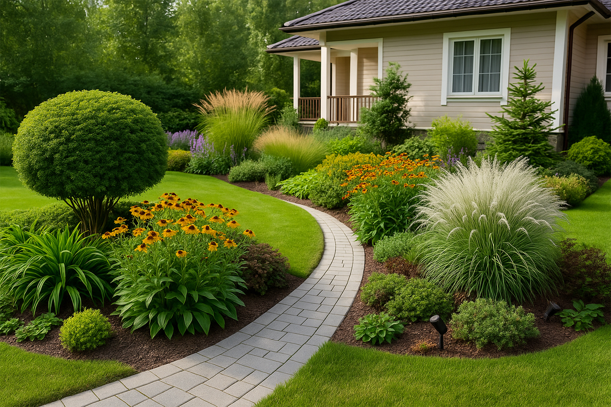 Пейзаж с извилистой садовой дорожкой, окружённой декоративными растениями, цветами и деревьями на фоне двухэтажного частного дома — пример ландшафтного проектирования участка.