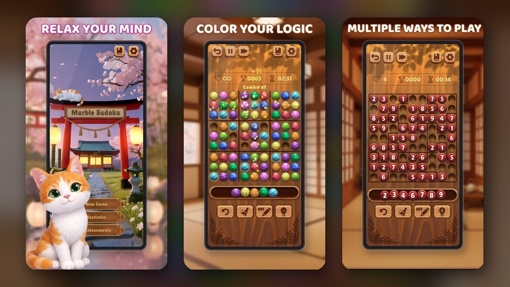 Marble Sudoku, colour Sudoku with marbles on a wooden board for Android and iPhone