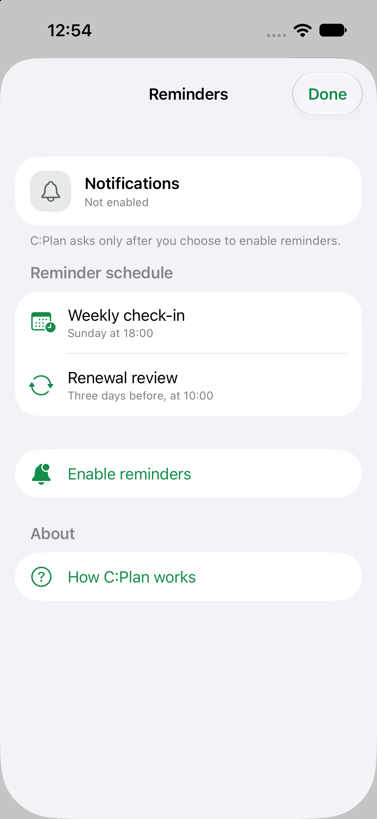 C:Plan reminders settings with weekly check-in and renewal review