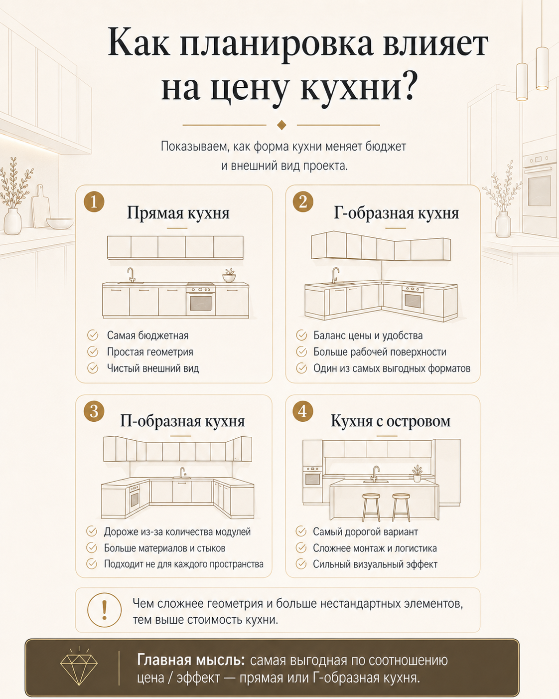 Инфографика: как планировка влияет на цену кухни