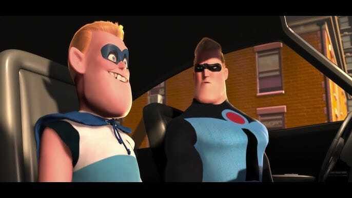 The Incredibles: Buddy Pine sits awestruck in the passenger seat as Mr. Incredible gets in to drive.
