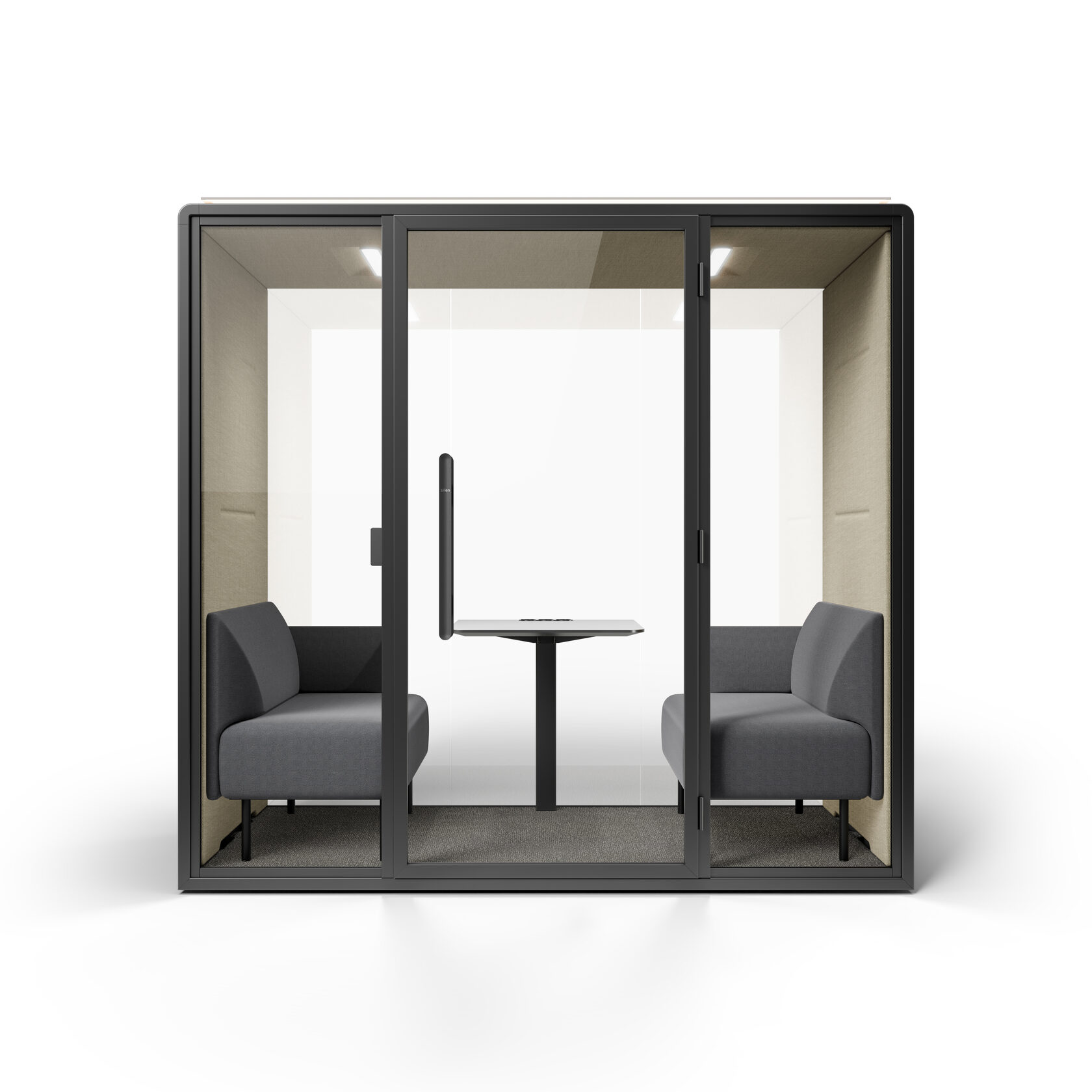Render of four-person acoustic meeting pod with two lounge seats and a central table