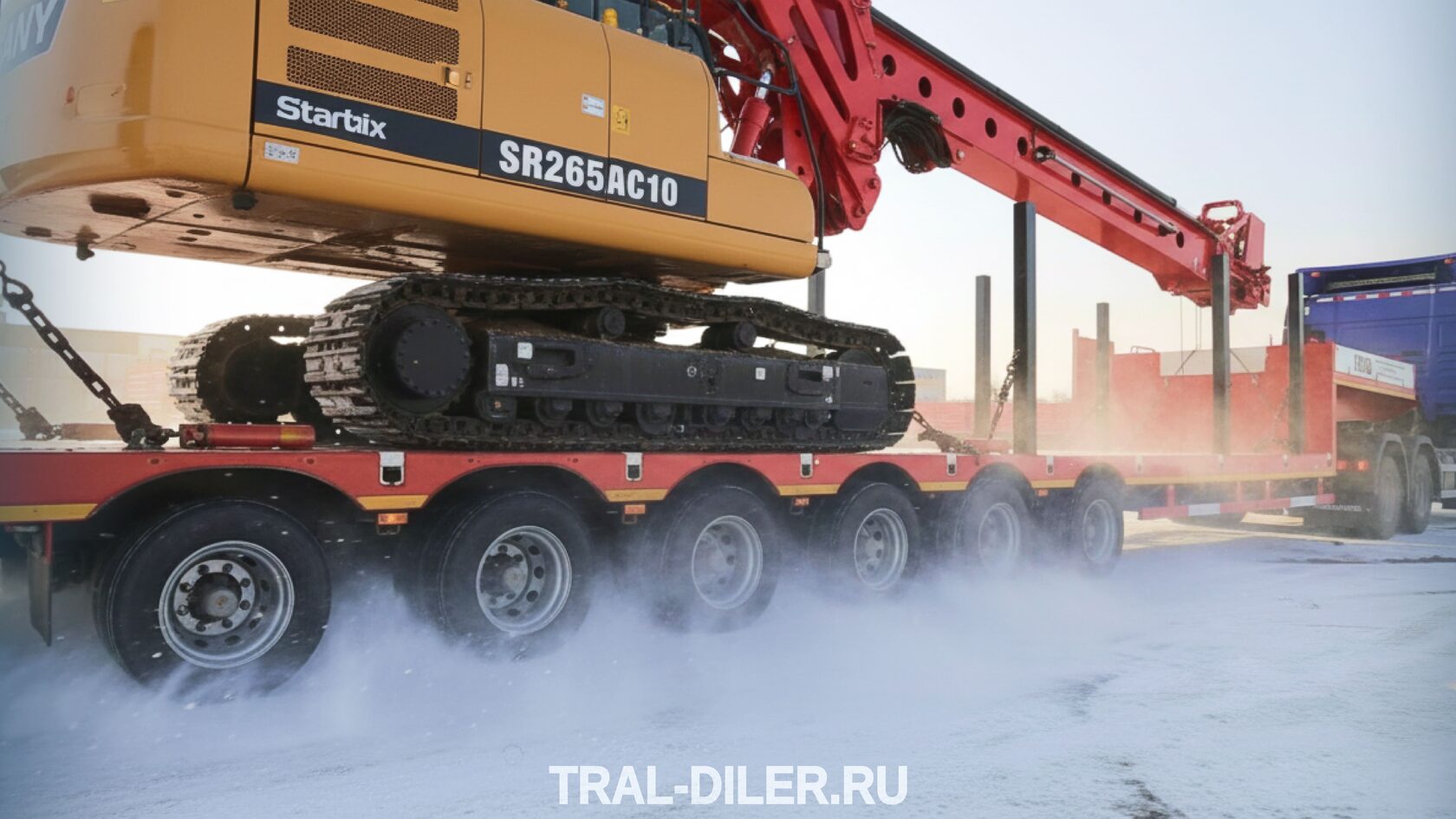 Низкорамный 6-осный трал на 100 тонн CIMC LYR9906TDPL с буровой установной на зимней дороге