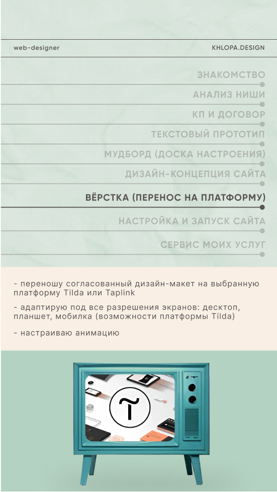 Веб-дизайн, сайт под ключ, этапы работ создания сайта, верстка и анимация сайта, перенос макета на платформу тильда 