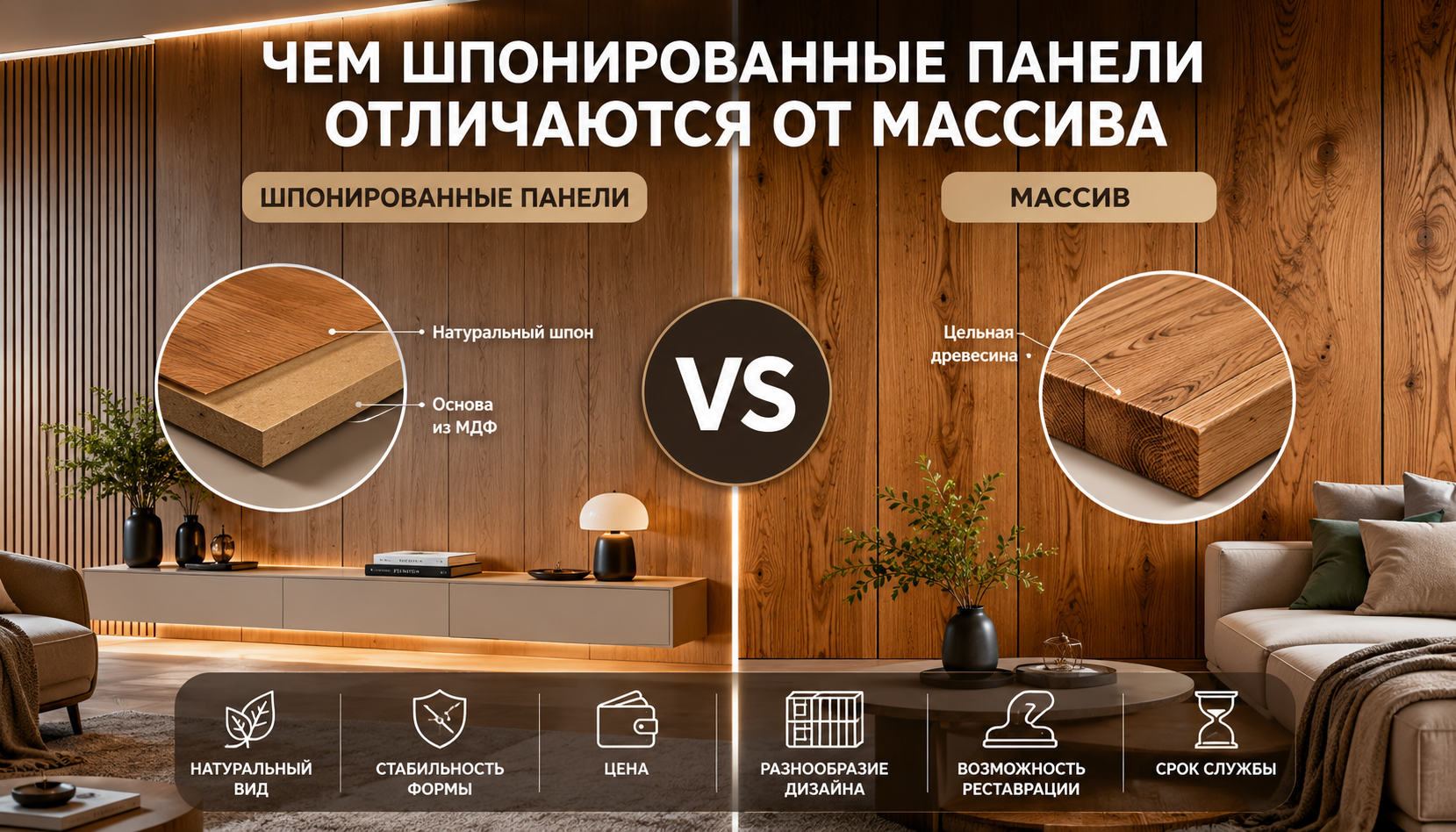 Шпонированные панели и массив дерева в интерьере — сравнение конструкции, внешнего вида, стоимости и характеристик настенной отделки из натурального дерева