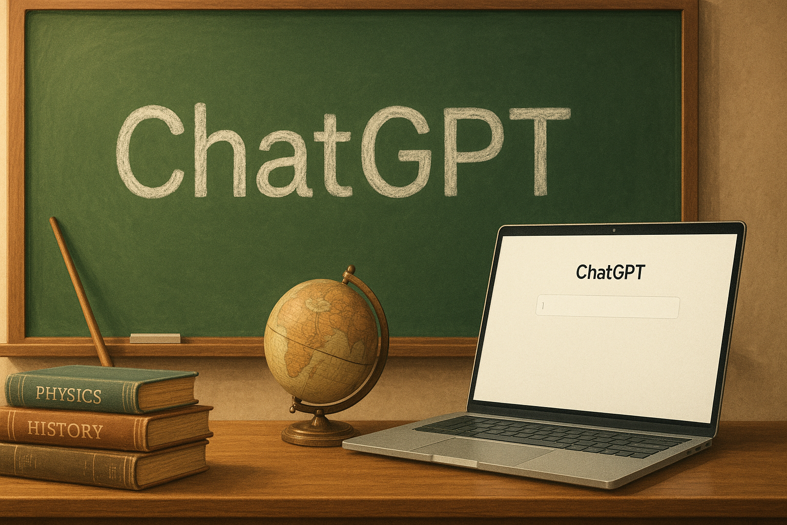 ChatGPT в классе: доска с надписью мелом, учебники, глобус и указка учителя рядом с ноутбуком. Символ интеграции ИИ-технологий в традиционное образование.