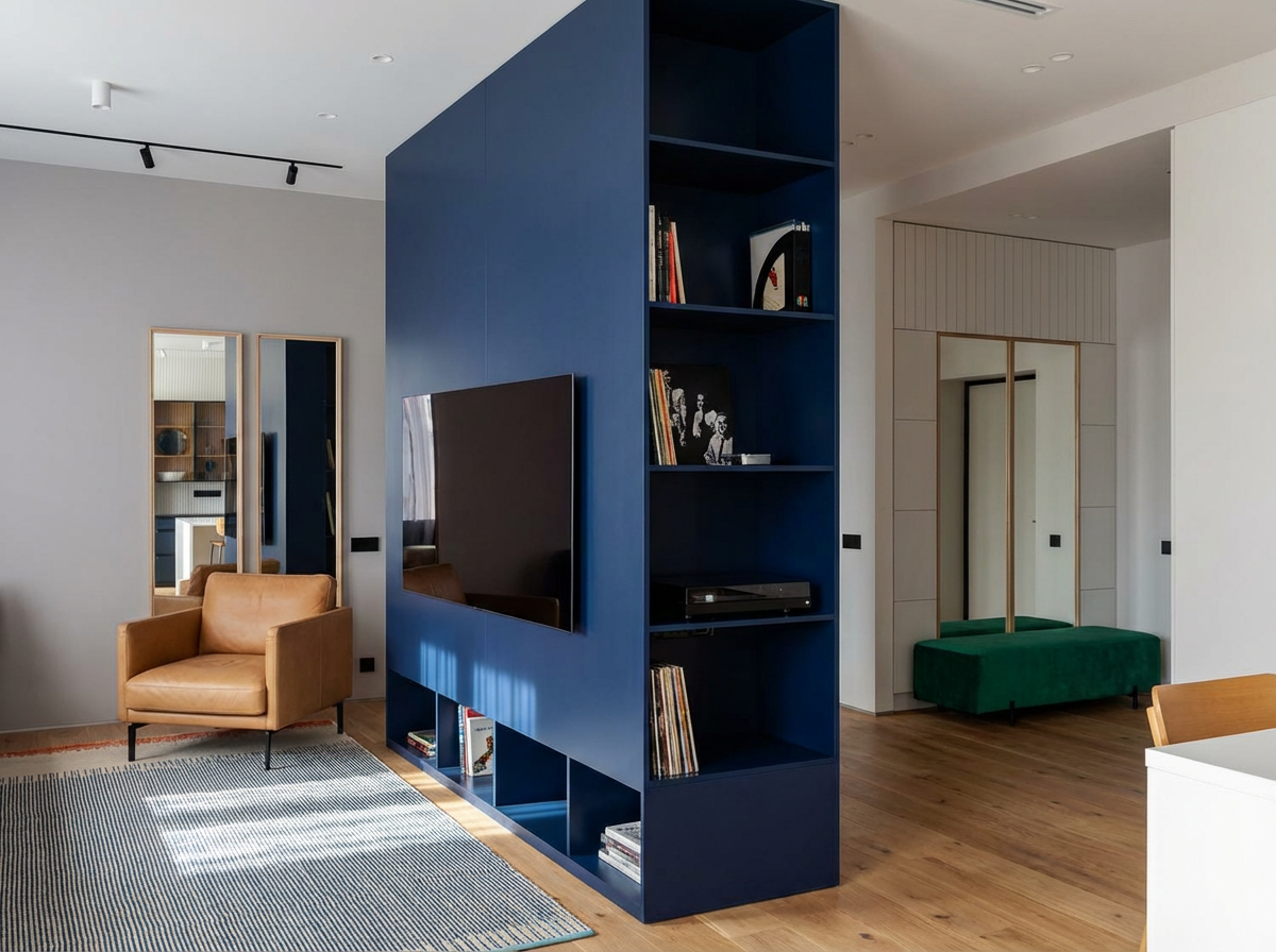 Дизайнерский ремонт однушки: встроенная мебель с нишей под ТВ, акцентная синяя стена, функциональное зонирование пространства