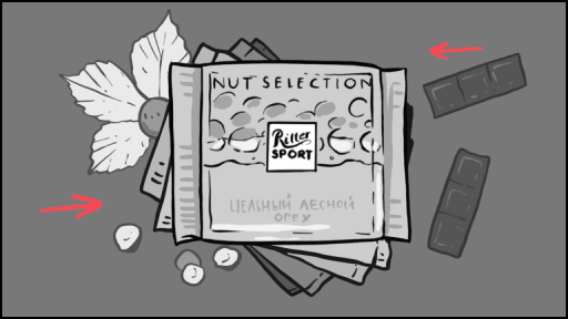 Премиальная упаковка Ritter Sport в центре внимания – Иллюстрация из брендового графического дизайна: упаковка шоколада в окружении орехов и плиток. Элегантность, насыщенность вкуса, шоколадная классика