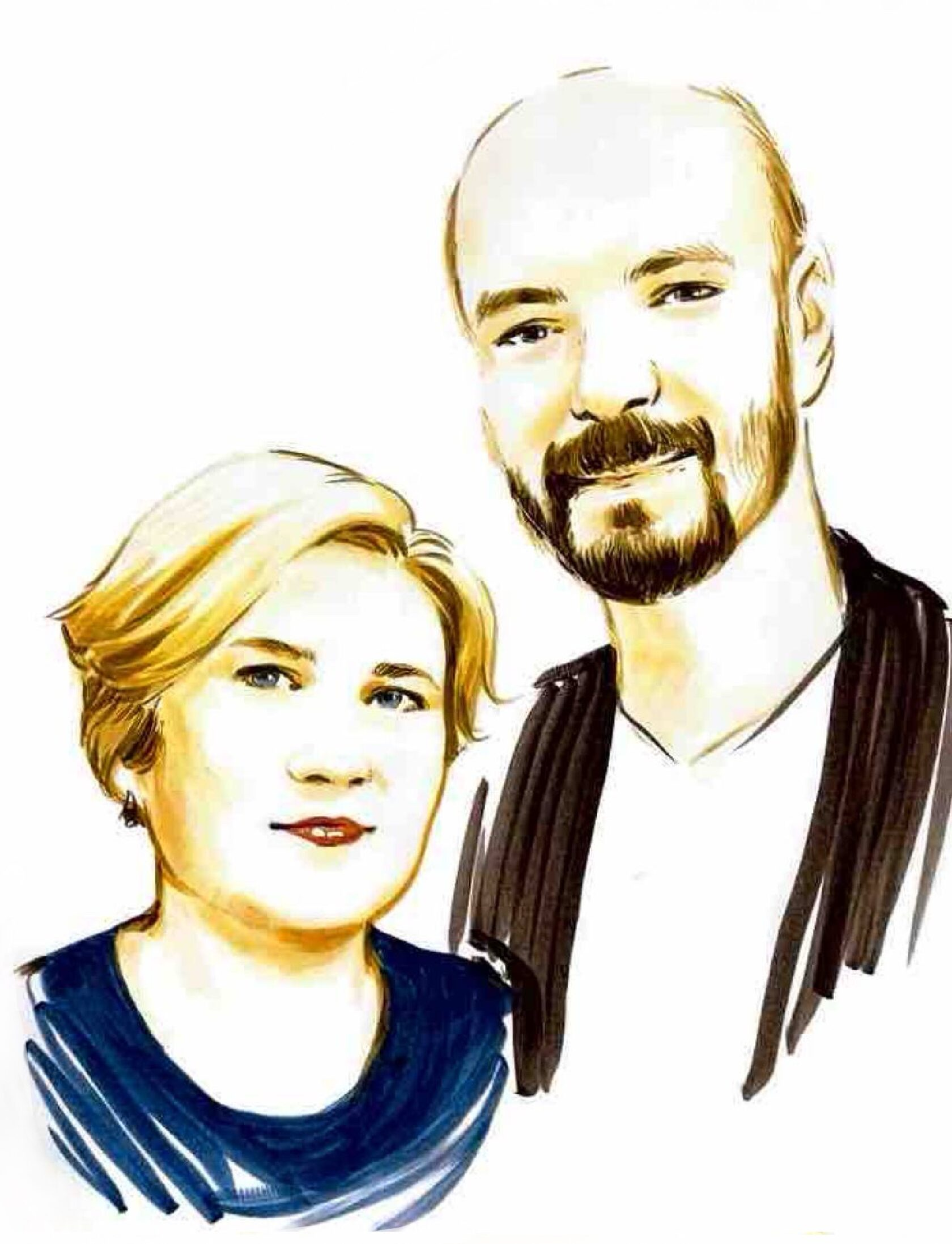 Парный скетч-портрет маркерами: мужчина с бородой и женщина со светлым каре