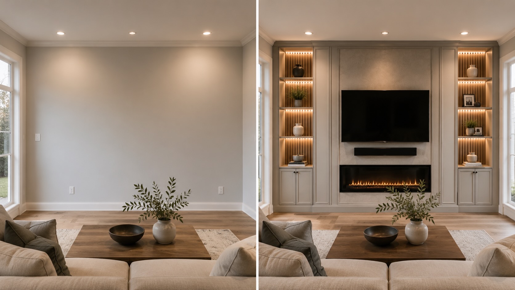 Before and after comparison showing the transformation of a plain living room wall into a custom accent wall with built-in shelving, decorative molding, and integrated lighting.