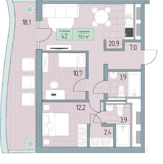 Планировка 3-комнатная 79,1 м²