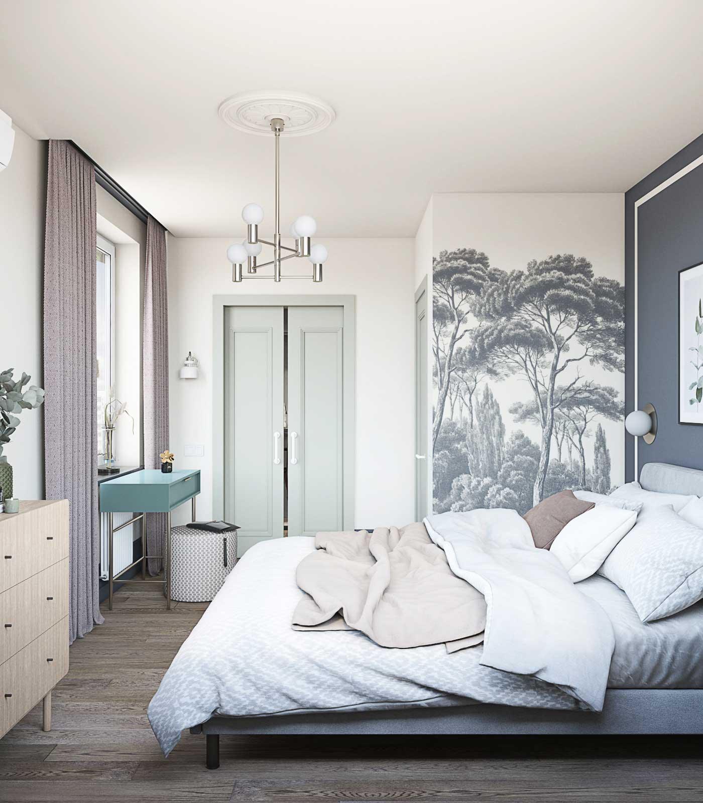 Вход в гардеробную, раздвижные двери. Люстра в спальне. туалетный столик 