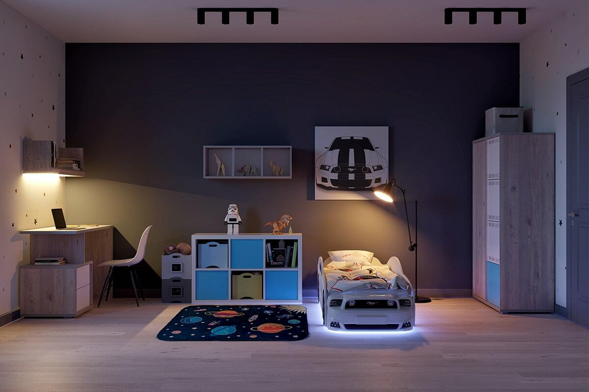 Готовые комнаты. Futuka Kids детская мебель. Мустанг плюс кровать синего цвета ФУТУКА. Кровать Futuka Kids подсветка изнутри.