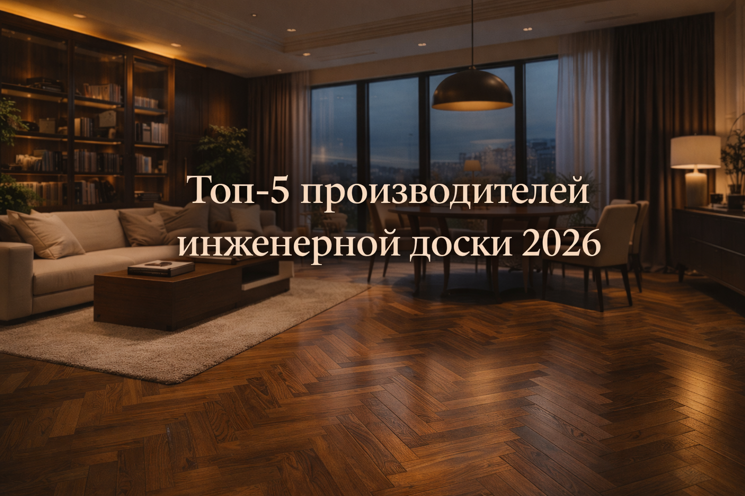 Фотореалистичный премиальный интерьер: гостиная-столовая с панорамными окнами, тёплым вечерним светом и полом из инженерной доски в раскладке «ёлка». На изображении текст по центру: «Топ-5 производителей инженерной доски 2026». Подходит для статьи о выбор