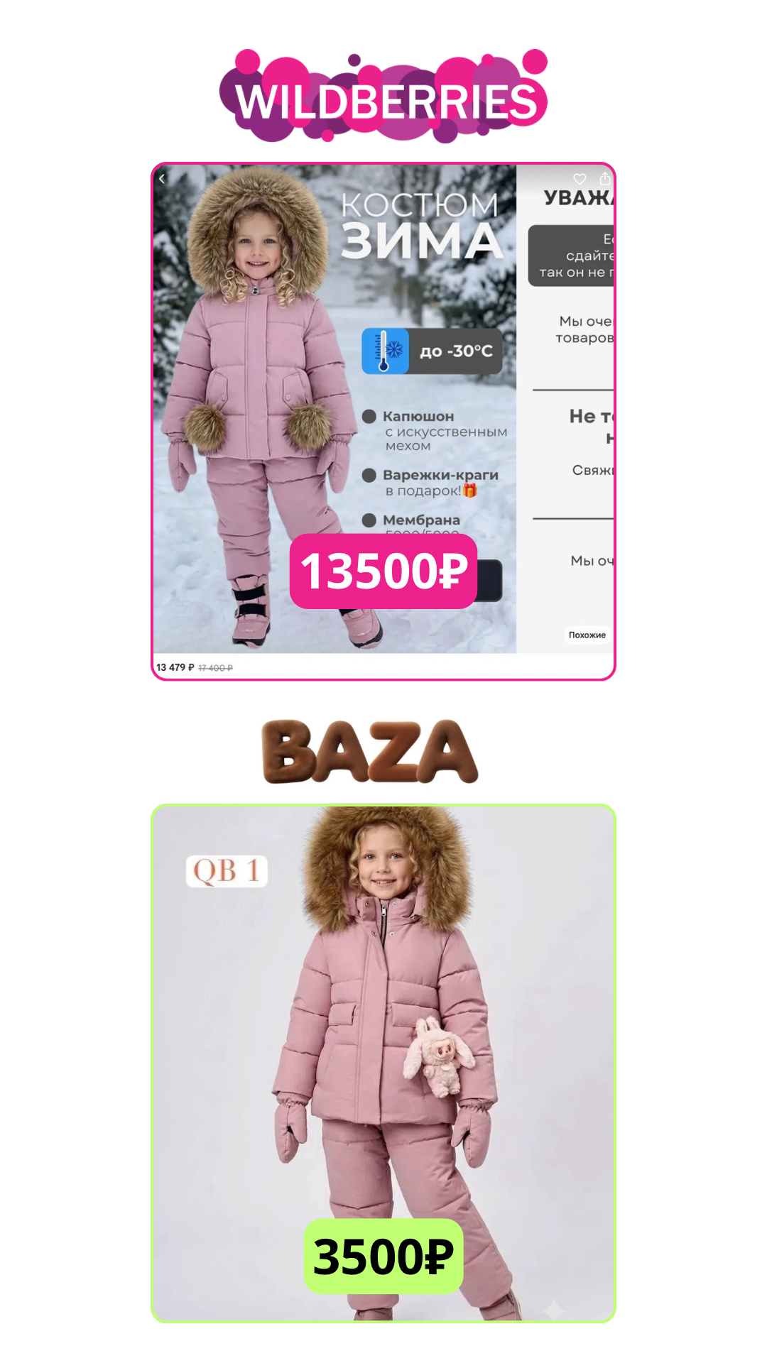 Зимний костюм (девочка): Wildberries 13500 ₽, БАЗА 3500 ₽