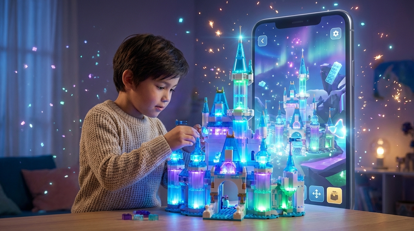 Ребенок собирает цифровой замок из деталей LEGO возле экрана смартфона