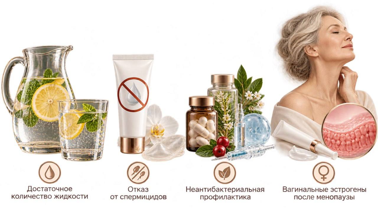 Четыре способа профилактики цистита: питьевой режим, отказ от спермицидов, препараты, вагинальные эстрогены