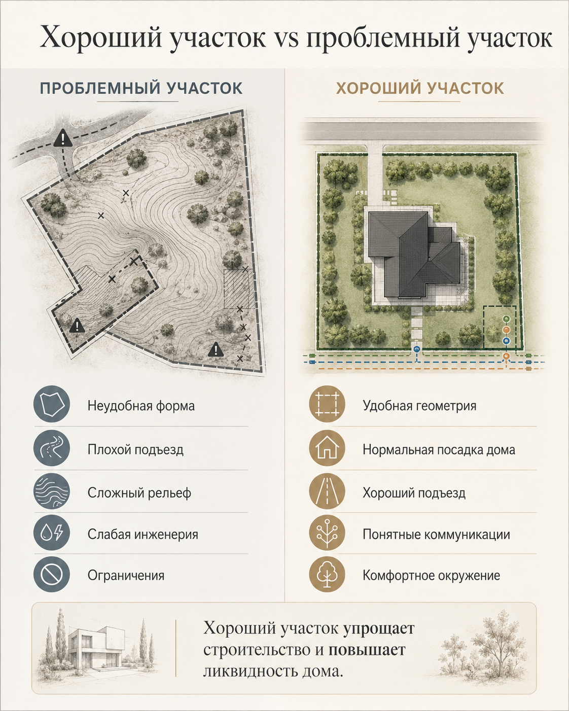 Хороший участок и проблемный участок под строительство дома: сравнение формы, рельефа, подъезда и коммуникаций